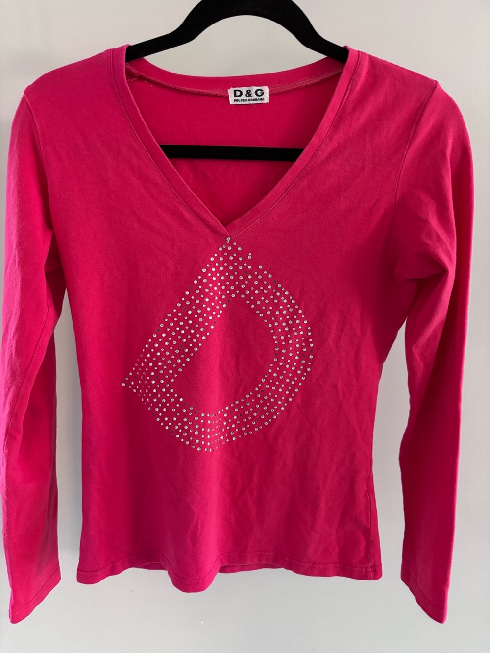 D&G Women's V-Neck Rhinestone Logo Long Sleeve Top - Hot Pink